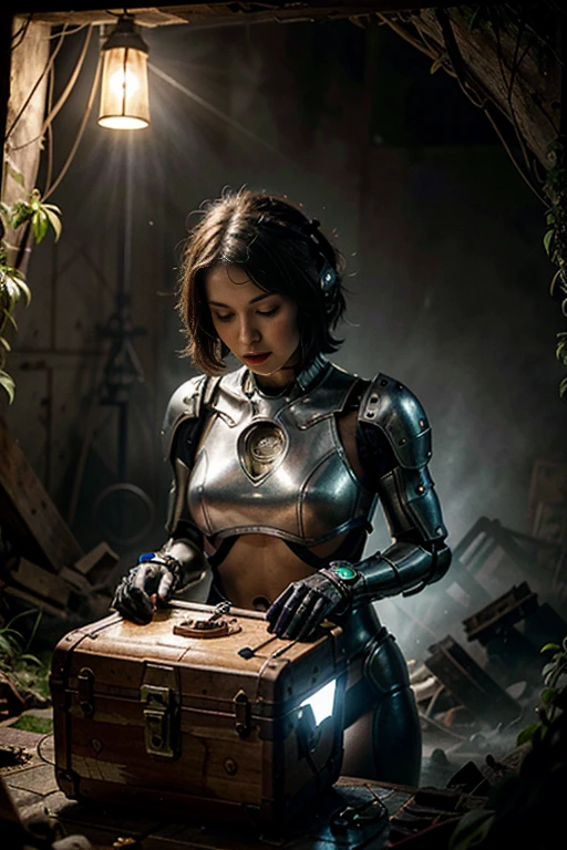 (best quality,4k,8k,highres,masterpiece:1.37),pixel art,(aerial view),(top down perspective),lora:more_details:1,(the focal point is one humanoid character carefully pulling a video game cartridge out of a treasure chest full of retro video game cartridges:1.6), (Futuristic treasure box), (The woman is looking into the treasure box:1.6), (The scene unfolds inside a mystic cavern:1.4),mecha,(dramatic angle:1.4), (The woman has short gray hair:1.6), (The woman has red glowing eyes:1.5), (fantasy and sci-fi mixed:1.5), holographic glitch effects floats around the woman, vibrant colors, (A purple glow emanates from inside the treasure chest), glowing lights, (abandoned machinery), mystical creatures, pixelated details, (crystal formations spreading on the environment), (futuristic technology), (ancient artifacts), mystical energy, vibrant retro aesthetic, atmospheric lighting, hidden passages, ancient ruins, mysterious symbols, shimmering water, lush vegetation, interdimensional portals, ethereal music, nostalgic atmosphere, immersive storytelling, epic adventure, delightful surprises.