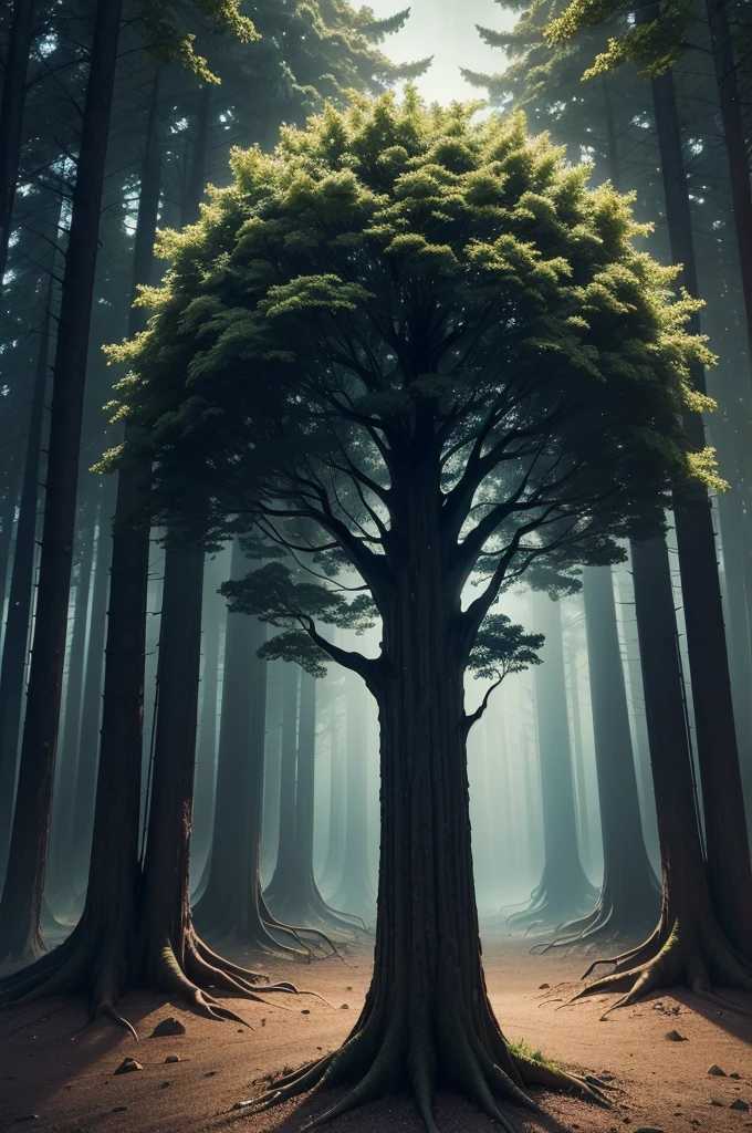 The tree is the central point of the image, representando a jornada de crescimento pessoal. She's big, robust and healthy, with visible details on its leaves, galhos e tronco, Even in the darkness of the night.Deep and Strong Roots: The roots of the tree are portrayed as deep and strong, diving into the ground to impart stability and solid foundation. They intertwine with the earth, symbolizing the rooted connection necessary for personal growth.Jornada de Crescimento Pessoal: Visual elements such as small buds or new leaves appearing on the tree's branches represent ongoing personal development and overcoming, Even in the darkness of the night.Ambiente Noturno e Imponente: The environment around the tree is dark and imposing., Conveying mystery and power. The tree stands out in the darkness of the night, creating an atmosphere that reflects the journey of self-knowledge and overcoming, mesmo diante dos desafios noturnos.Lighting and Night Colors: The lighting is gentle and subtle, highlighting the details of the tree and the night environment. The colors are predominant in dark and mysterious tones, with deep green for the leaves and dark, blackish brown for the trunk and roots.Com essas diretrizes, artificial intelligence can create an atmospheric and imposing image, with a majestic tree in the center of the scene, its roots sinking into the dark soil of the night, while small signs of growth and overcoming are visible amidst the darkness. (Melhor qualidade), (amazing digital art), dramatic lighting, cores mortas, expertly capturing the essence of an epic cinematic experience. nao adicionar personagem e de enfase nos tons(preto,acinzentado)