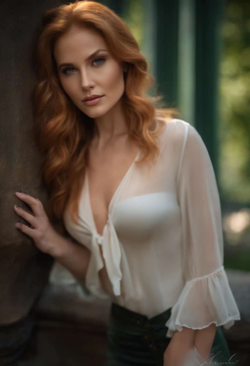 professionnel, (photo 4k:1.1) par (Jeremy Lipking:0.3), (Anna Dittmann:0.3), (Marque Ariane:0.3), (sharpness:1.3), high detail, Resistant (Chemise moulante:1.2), beautiful detailed face, a pretty woman with long strawberry blonde hair, regarde la caméra, ressemblant à l&#39;actrice Katherine McNamara, Panasonic Lumix S Pro 50mm f/1.4, Anne Stokes, color stain, dark orange and dark emerald, ferrania p30, photo realistic, (jolie jeune femme:1.3), (Attractive:1.1), (rougir:1.1), forme du corps en sablier, seins moyens, Hanches larges, in the background the city, prendre un selfie de face, Resistant jumper