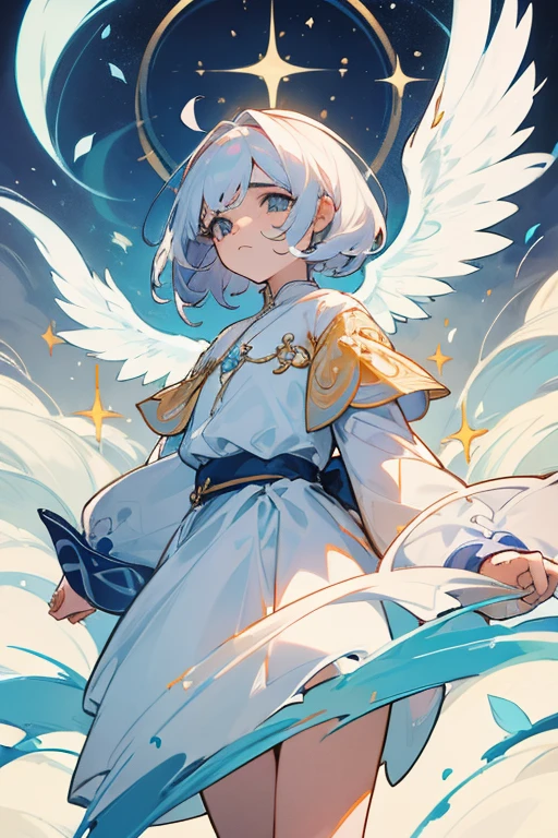 um anjo feminino, cabelos brancos e cacheados, olhos bicolores, a sad expression, penas em suas orelhas