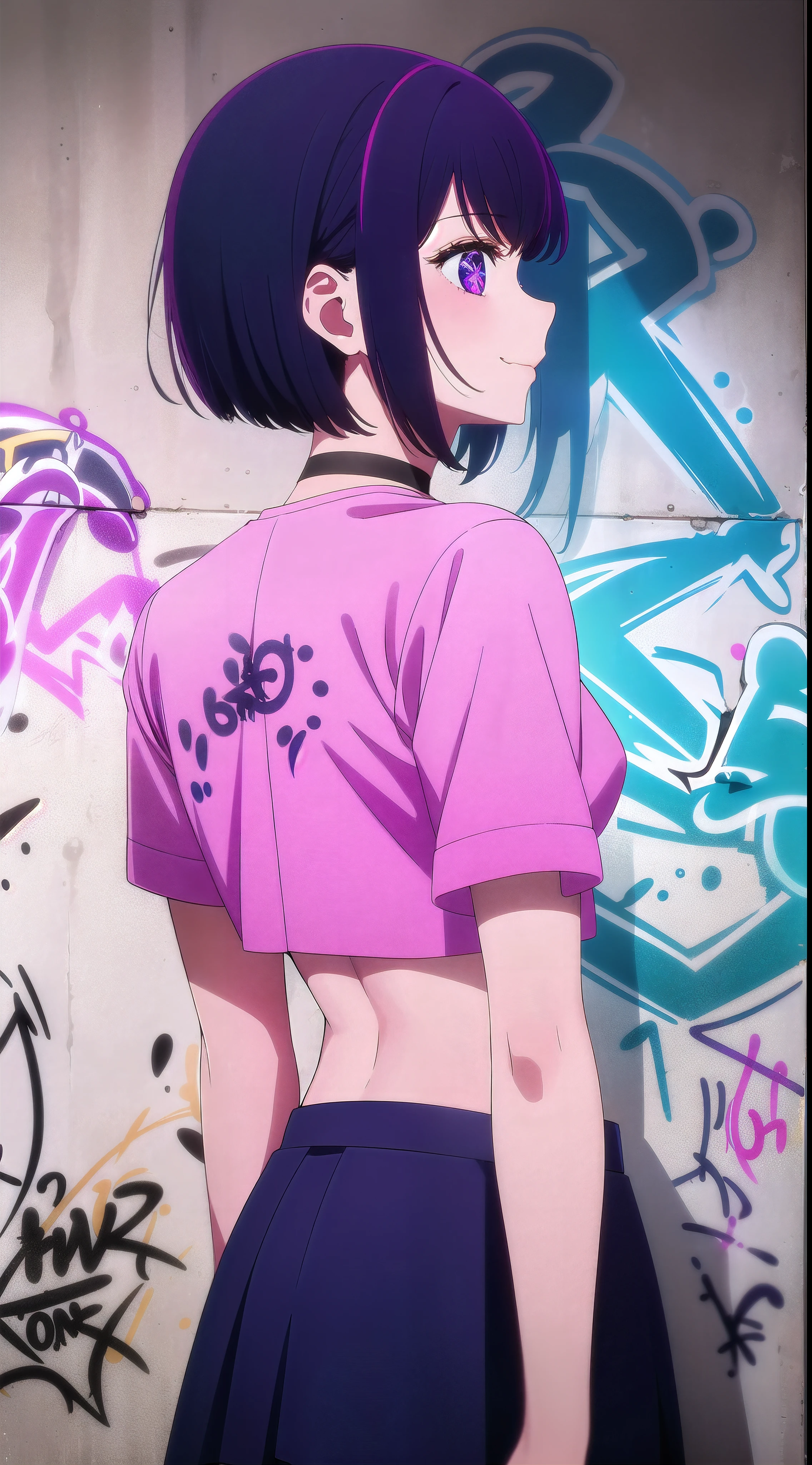 masterpiece, best quality, 1girl, solo, stylish crop top, playful smile, vibrant short purple hair, bobhair, short-hair, short bob hair, (((bobcut))), star-shaped pupils, bob haircut, very short bob cut, lip length hair, blunt ends, sleek hair, pageboy haircut, pixie bob, buzzed nape ((haircut:1.3)), undercut, bobbed hair, minibob, sidecut, buzz haircut, sidecut, side of head shaved, purple eyes, graduation bob, straight short hair, short hair above the ears, Shot diagonally from the side, elegant braid, soft bangs, upper body, alluring choker, (graffiti:1.5), artistic paint splatter, seductive arms behind back, leaning against wall, exposed back, fashionable armband, urban hiphop style, flirty skirt, playful head tilt, intense expression, warm orange, dynamic asymmetrical design, bold geometric shapes, creative street art