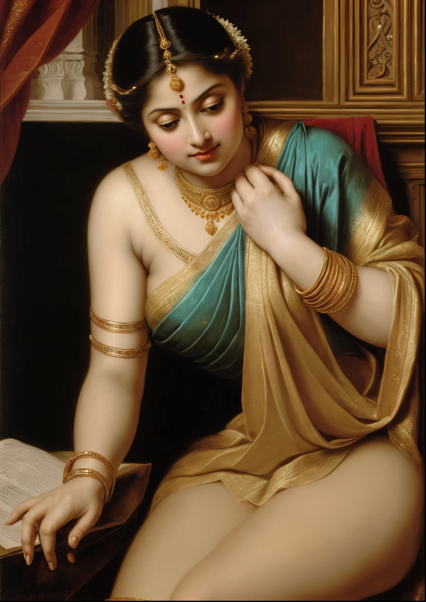 Beautiful Indian Woman, wearing saree, sari Beauty, gorgeous, Apsara, Maharani, royal queen woman, nymph from Hindu Mythology, Urvashi, matchless beauty, Highly detailed, Oil Painting by Peter Paul Rubens inspired by Raja Ravi Varma, Matchless beauty, captivating, gorgeous, heavenly beauty, celestial beauty, by Peter Paul Rubens, 13, realistic, hyper realistic, micro details, incredible artwork, insane details, ultra High resolution, 8k, 32k, acrylic on canvas, intricate, flawless, detailed, detailed face, detailed eyes, masterpiece, by Peter Paul Rubens, by Caravaggio, by William Adolphe bouguereau, perfect face, perfect body, beautiful art, realism, baroque, renaissance Art, highly textured, beautiful and detailed eyes, uhd, best quality,