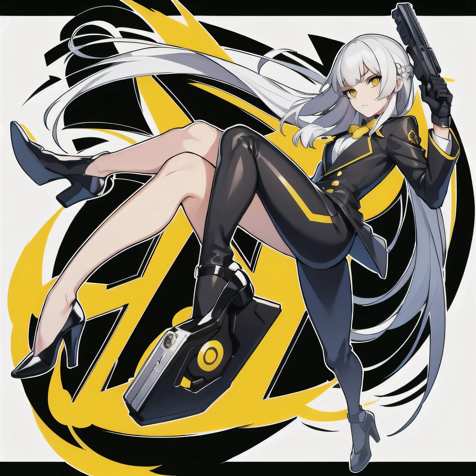 masterpiece, best quality, 1girl, solo, smooth face, long hair, white hair, looking at viewer, bangs, gloves, suit, point pistol at head, closed mouth, jacket, full body, yellow eyes, pistol, long sleeve, black gloves, black footwear, black suit, arm up, pistol aim at head, high heels, white background