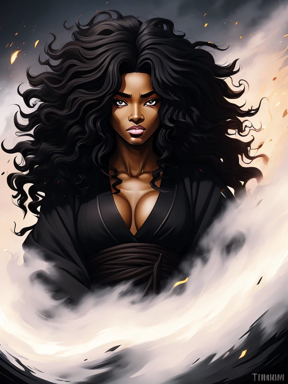 digital painting, 4k, babes, A Black woman shinigami with full lips and a wide nose and full dark curly textured hair dressed in shinigami robes
drawn in the style of Tite Kubo, Bleach Thousand Year Blood War
, African features, soi fun, animation