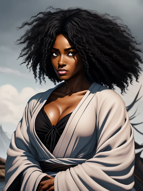 digital painting, 4k, babes, A Black woman shinigami with full lips and a wide nose and full dark curly textured hair dressed in shinigami robes

drawn in the style of Tite Kubo, Bleach Thousand Year Blood War

, African features, soi fun, animation