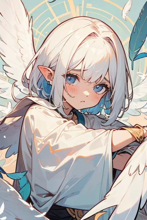 um anjo feminino, cabelos brancos, longos e cacheados, olhos bicolores, a sad expression, your ears are made of feathers.