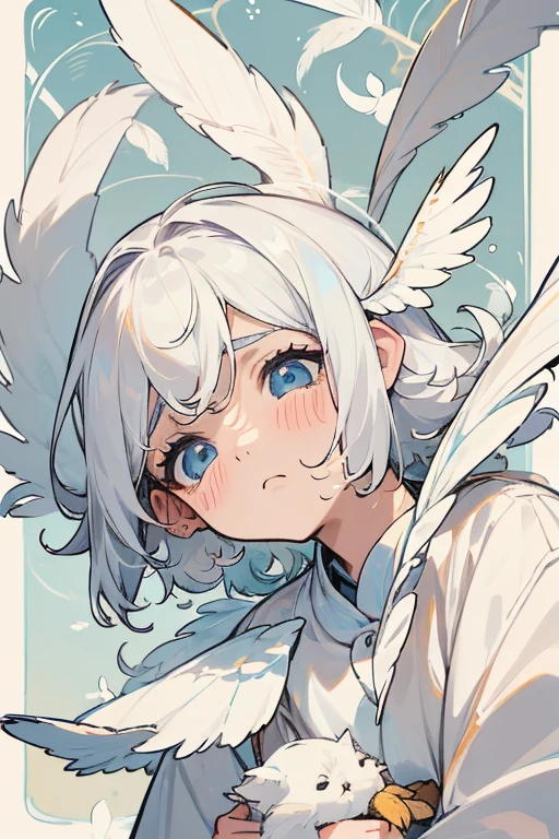 um anjo feminino, cabelos brancos, longos e cacheados, olhos bicolores, a sad expression, your ears are made of feathers.