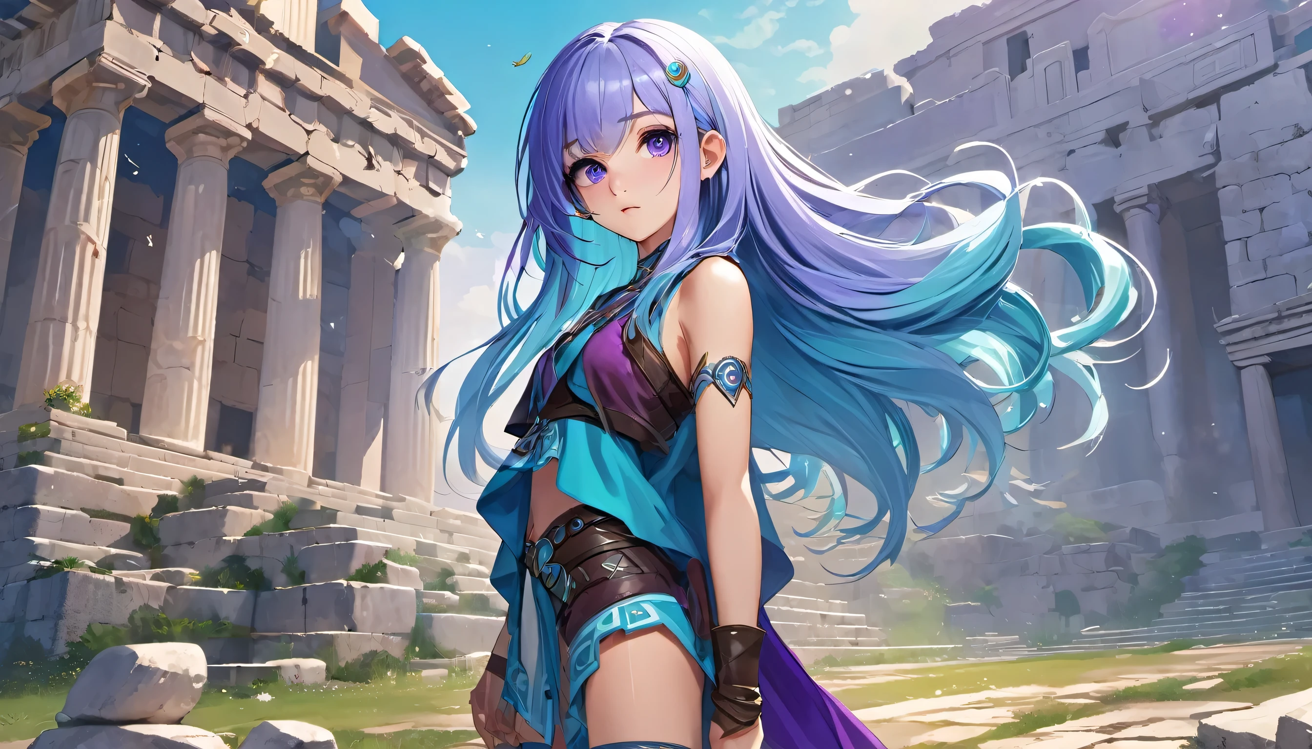 Masterpiece. High-resolution. 1girl about 20 years old. Pretty beautiful girl. Pretty big purple eyes. Delicate face. (((Long light blue hair))). Straight hair. Messy hair. Hair bangs. Turquoise tunic. Purple tide pants. Leather boots. Greek ruins background with cosmic Skye.