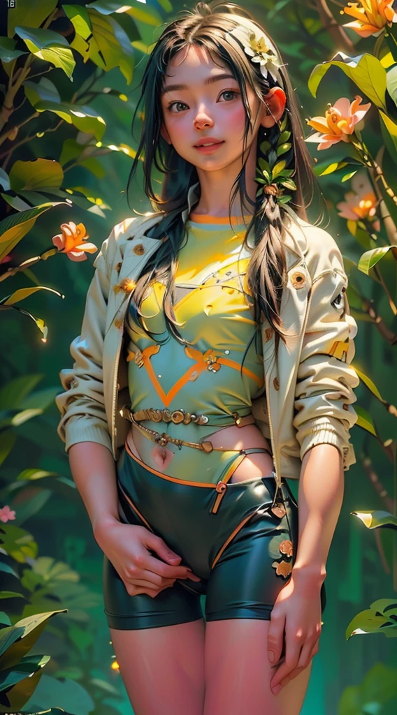 (((Create one girl 16+ years old.), (realistic), (close-up), (stands all tall), (mysterious))_((Girl), (green:1.5, orange:1.1, white:1.3, yellow:1.3))_((very sexy girl with dreadlocks), (tattoos), (naked parts of the body), (down jacket: 1.2),(jacket on the naked body, T-shirt, thong))__))_((Beautiful figure, half-turn16+ years),(realistic)),((small peach breasts, graceful figure, narrow waist, smooth hips)),((long double braids),(tight braids), (braided hair),(dark hair) ),((red lips)), ((smile)))_ ((((Shiny skin:1.5, white skin, light skin: 1.5)),((sexy), (cute))_((fractals, Flowers, leaves, fog, lilies, circles background))_((Chiaroscuro, contrast, warm - cold), (atmospheric visualization), (best quality), (Virtual realism))_)))_(((Digital painting, style anime, cyberpunk), (best quality, 4k, high resolution, masterpiece: 1.2)),((ultra detail)),((realistic, photorealistic, photorealistic: 1.37)))_(((Soft clear shapes, wide strokes, attention to detail)))_(((High quality, 16K | Ultra HD | Full HD))).