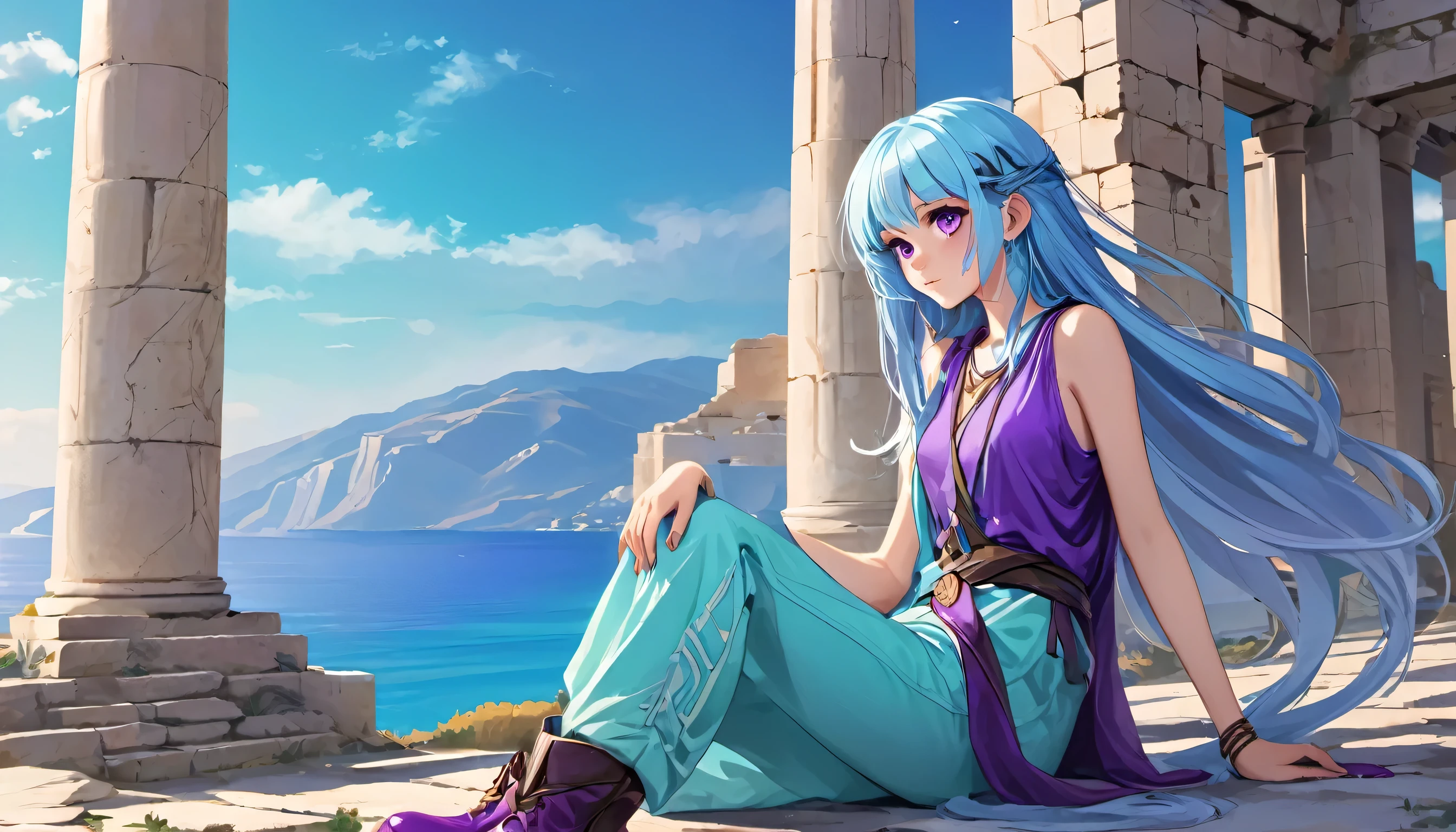 Masterpiece. High-resolution. 1girl about 20 years old. Pretty beautiful girl. Pretty big purple eyes. Delicate face. (((Long light blue hair))). Straight hair. Messy hair. Hair bangs. Turquoise tunic. Purple tide pants. Leather boots. Greek ruins background with cosmic Skye. 