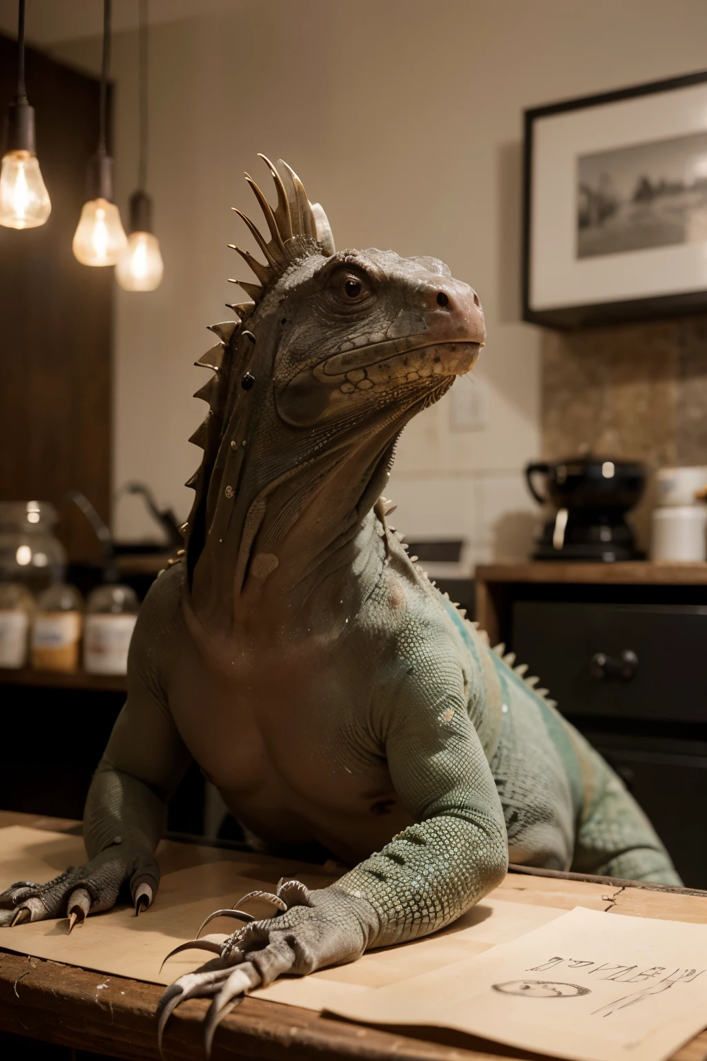 (((1 lizard girl))), (((lizard))), ((naked)), (((visible pussy))), ((sitting having breakfast in the kitchen)), ((transparent seat)), (((NSFW)))