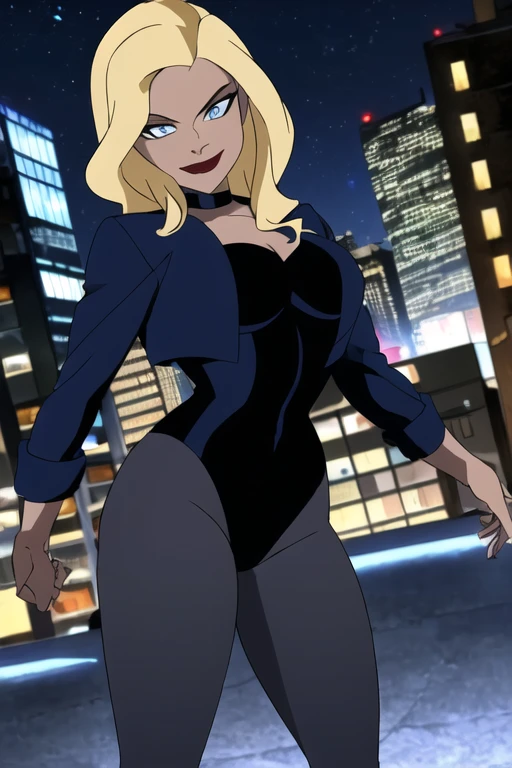 ((masterpiece,best quality)), absurdres, Black_Canary_JLU, solo, smiling, looking at viewer, cowboy shot, night sky and city in background, cinematic composition, dynamic pose,
