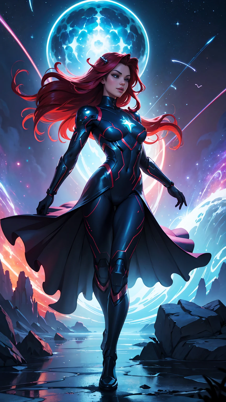 ((Full body photo, standing, feet on the ground)) Highly detailed RAW color photo, little mermaid, long red wavy hair, space ranger cyber neon costume, large helmet, dynamic running pose, smile at you, (detailed skin), (detailed lips), (detailed eyes), (cosmic: 1.4), (necropolis: 1.1), (detailed face), (athletic), detailed eyes, glossy lips, space war with planets in background, chromatic aberration, depth of field, soft lighting, masterpiece, best quality, intricate, (lens reflection: 0.7), (flowering: 0.7), particle effects, ray tracing, tone mapping, highly detailed, concept art, smooth, sharp focus, dramatic lighting, highly detailed art, cinematic, hyper-realistic painting, trending on Artstation, 8K, amazing shadows, realistic, (highly detailed background: 1.2), mid-journey art
