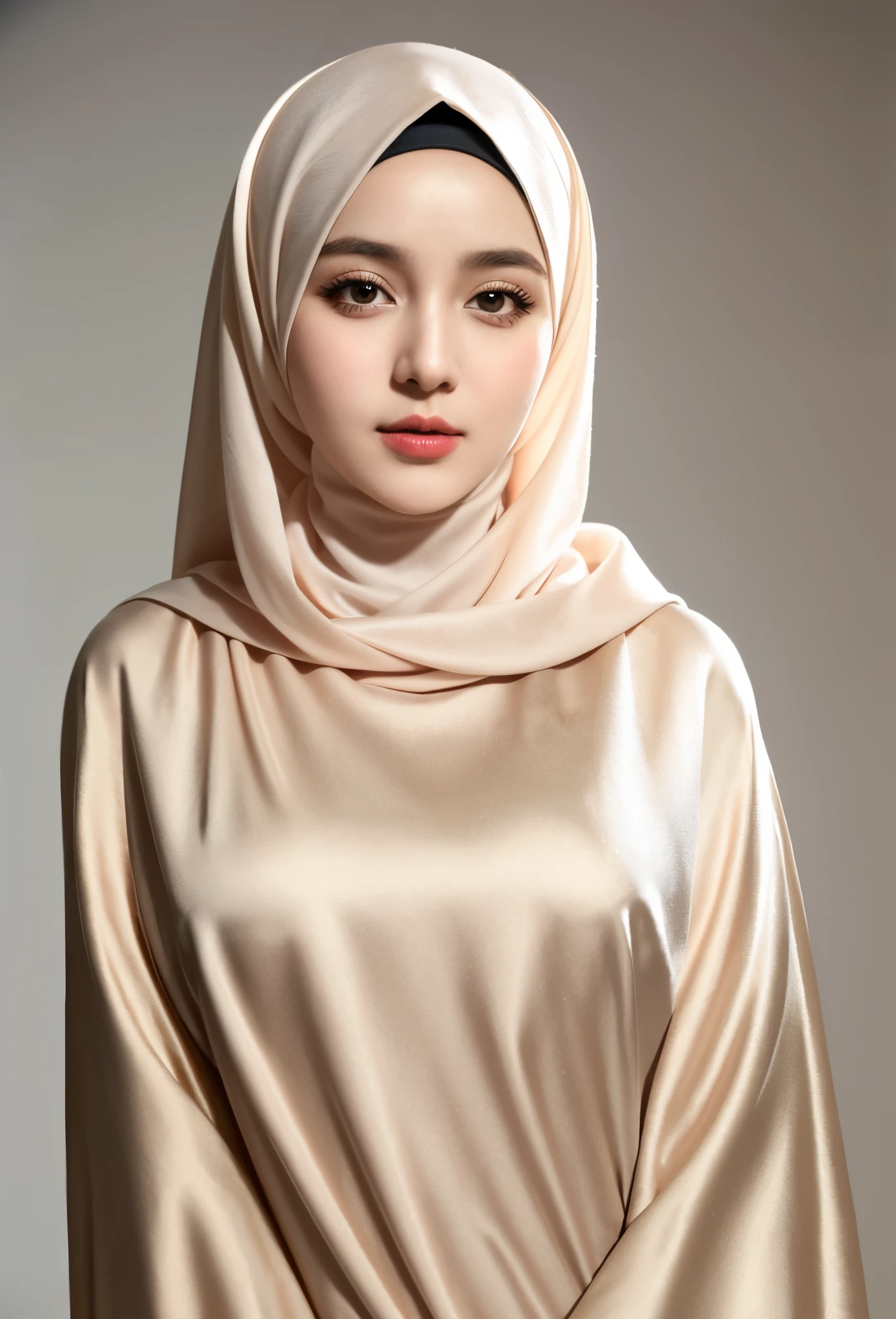 RAW photo of a 24 year old girl wearing hijab, satin abaya, satin, hijab face portrait, neutral background, 8k uhd, dslr, soft lighting, high quality, film grain, Fujifilm XT3, covered dress, decent dress, big tits:1.5
