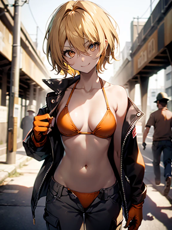 1girl, (solo:1.2), ((masterpiece)), (shadow), [slim], (small breasts), ((sharp focus)), pale skin, ((detailed eyes)), (blurry background), flame effect, (small bikini bra), oversized orange cargo pants, navel, gloves, (collarbone), short hair, golden blonde, golden eyes, smug smile,