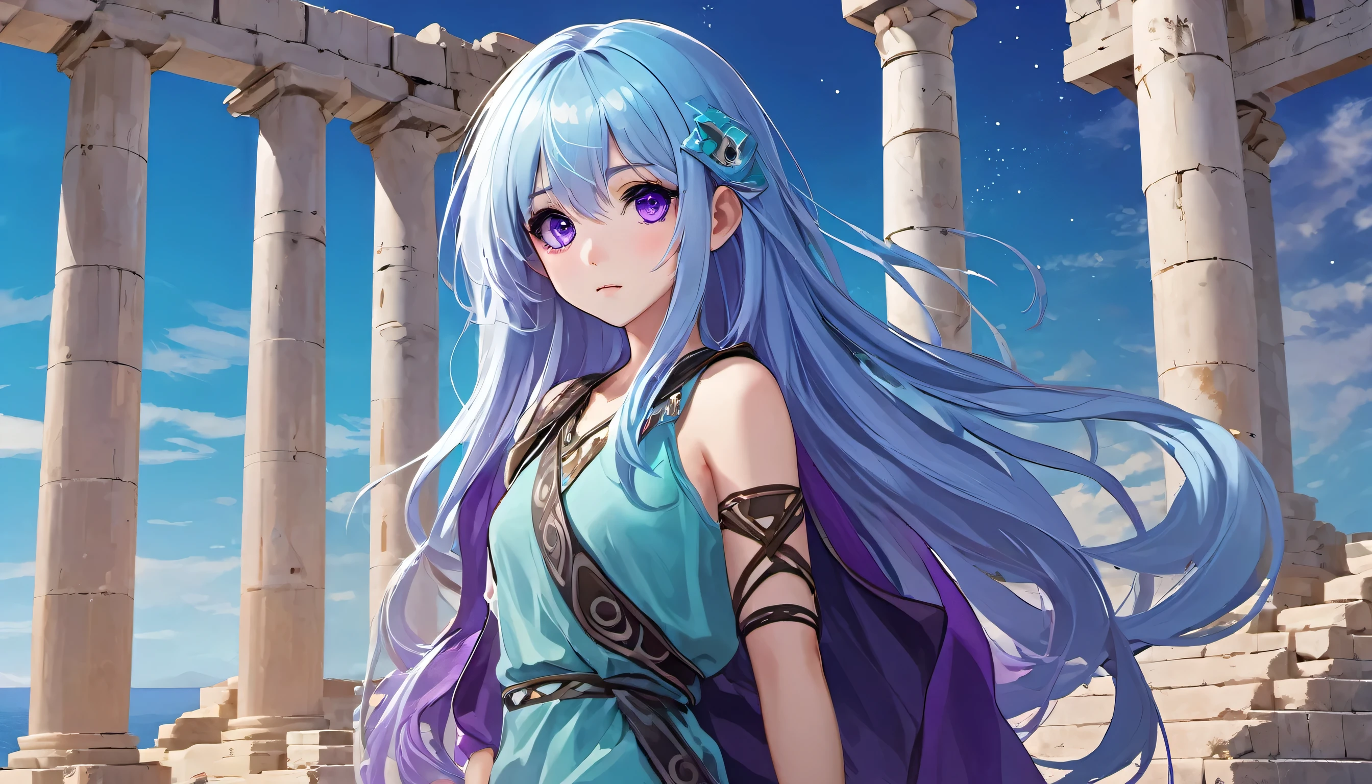 Masterpiece. High-resolution. 1girl about 20 years old. Pretty beautiful girl. Pretty big purple eyes. Delicate face. (((Long light blue hair))). Straight hair. Messy hair. Hair bangs. Turquoise tunic. Purple tide pants. Leather boots. Greek ruins background with cosmic Sky.