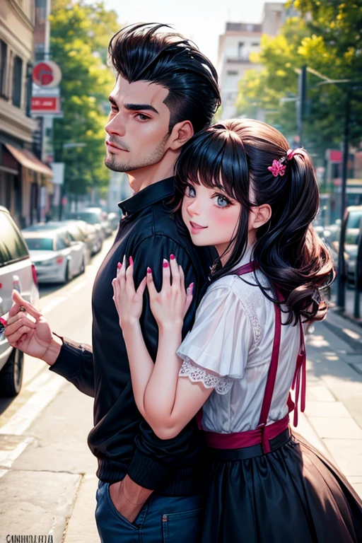 1 pareja de enamorados felices caminando de la mano, con cabello obscuro largo tipo rockabilly