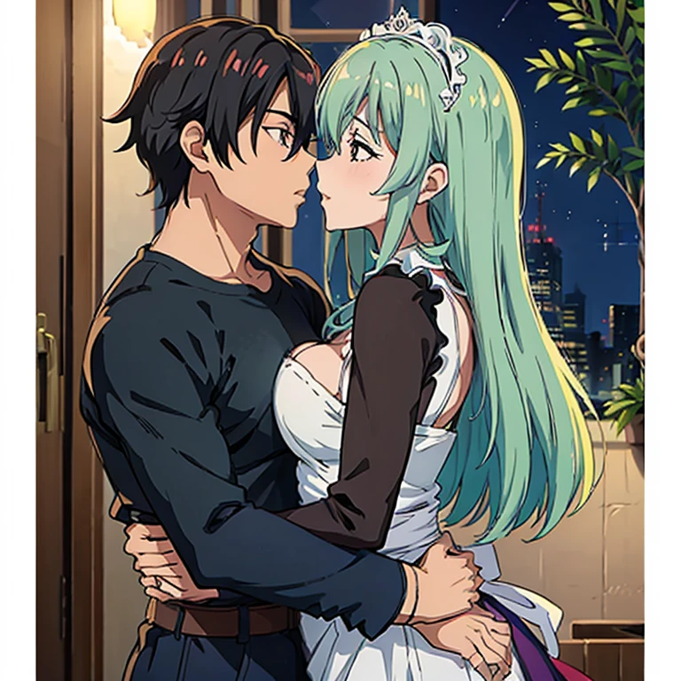 (((obra maestra del anime))), (((anime bien realizado))), romantic couple master man and maid, mujer foxy adulta con el pelo largo gris y ojos rojos brillantes, piel palida, sonriente,  hombre adulto, pelo corto bicolor, ojos radiantes de color verde saturado, piel palida, avergonzado 😳, muy cerca entre el y ella, 