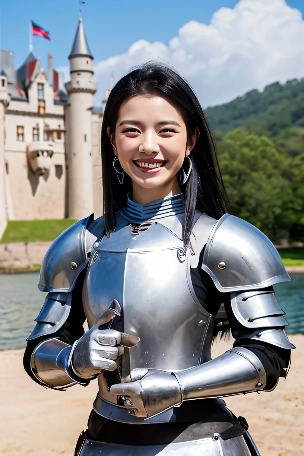 8K、highest quality、female knight、The background is a castle、Luxurious Silver Armor、heavy equipment、black hair、hairstyle shortcut、smile、beautiful teeth、full body photo、ear piercing