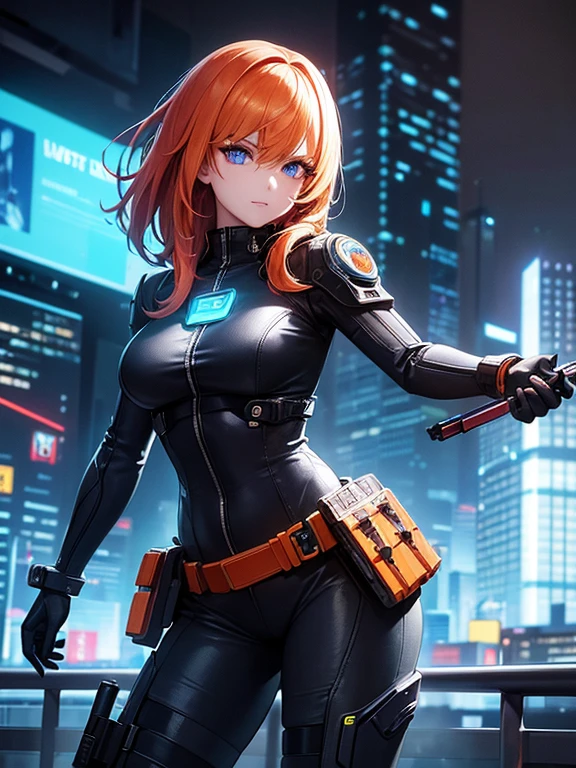 (masterpiece, 4k, high quality, colorful, super detailed eyes and face:1.2), 1girl, cowboy shot, Sexy experienced agent girl in futuristic bodysuit in action, orange hair, blue eyes, (Wearing: highly detailed futuristic jumpsuit, armor, utility belt, boots), She's looking at the camera with an arrogant smile. electrifying image, Cyberpunk world,Cyberpunk city in the background, neon lights, and futuristic technology in the background, harsh high-tech atmosphere, Cyberpunk Agent,
