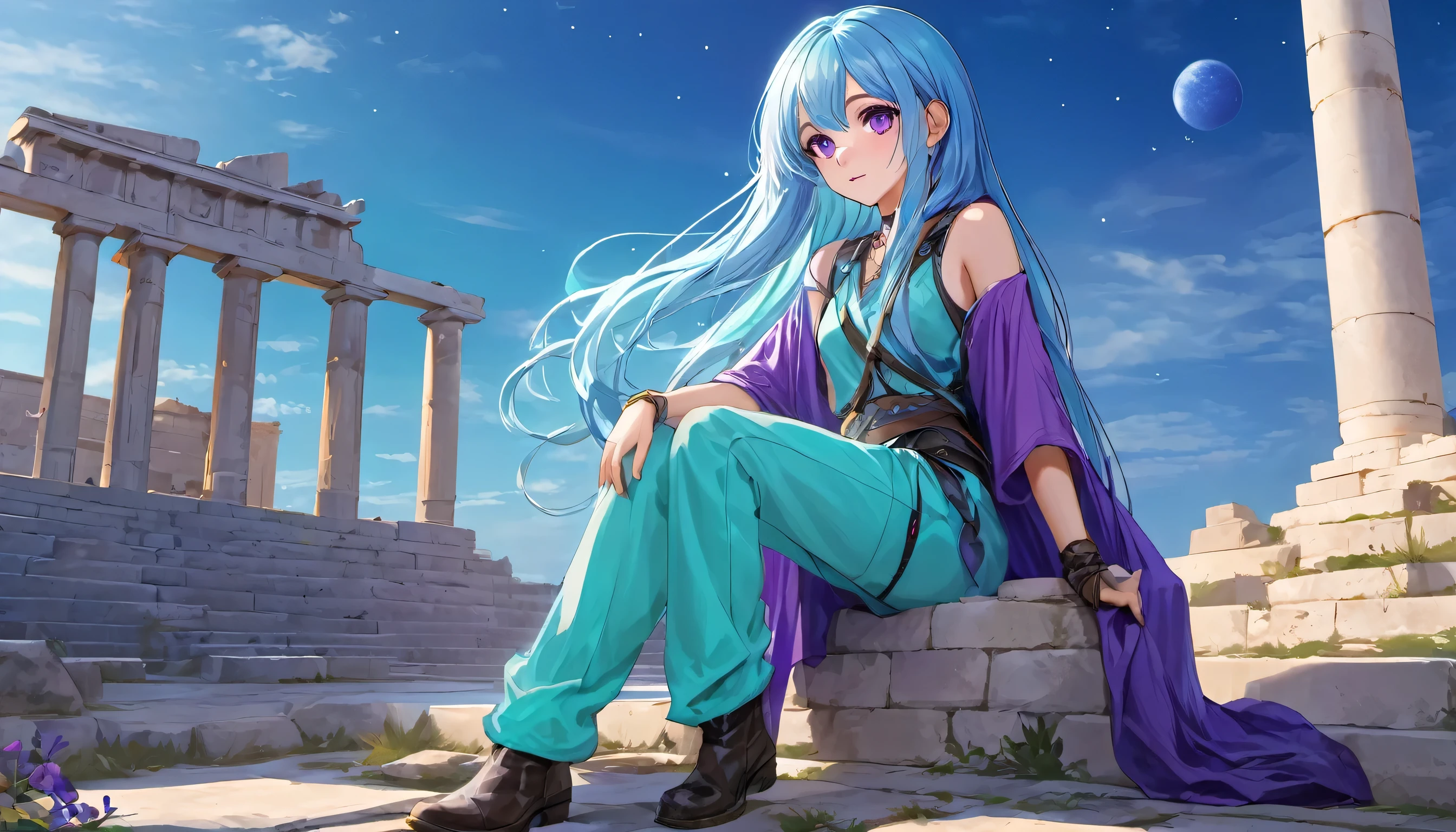 
Masterpiece. High-resolution. 1girl about 20 years old. Pretty beautiful girl. Pretty big purple eyes. Delicate face. (((Long light blue hair))). Straight hair. Messy hair. Hair bangs. Turquoise tunic. Purple tide pants. Leather boots. Greek ruins background with cosmic Sky. 