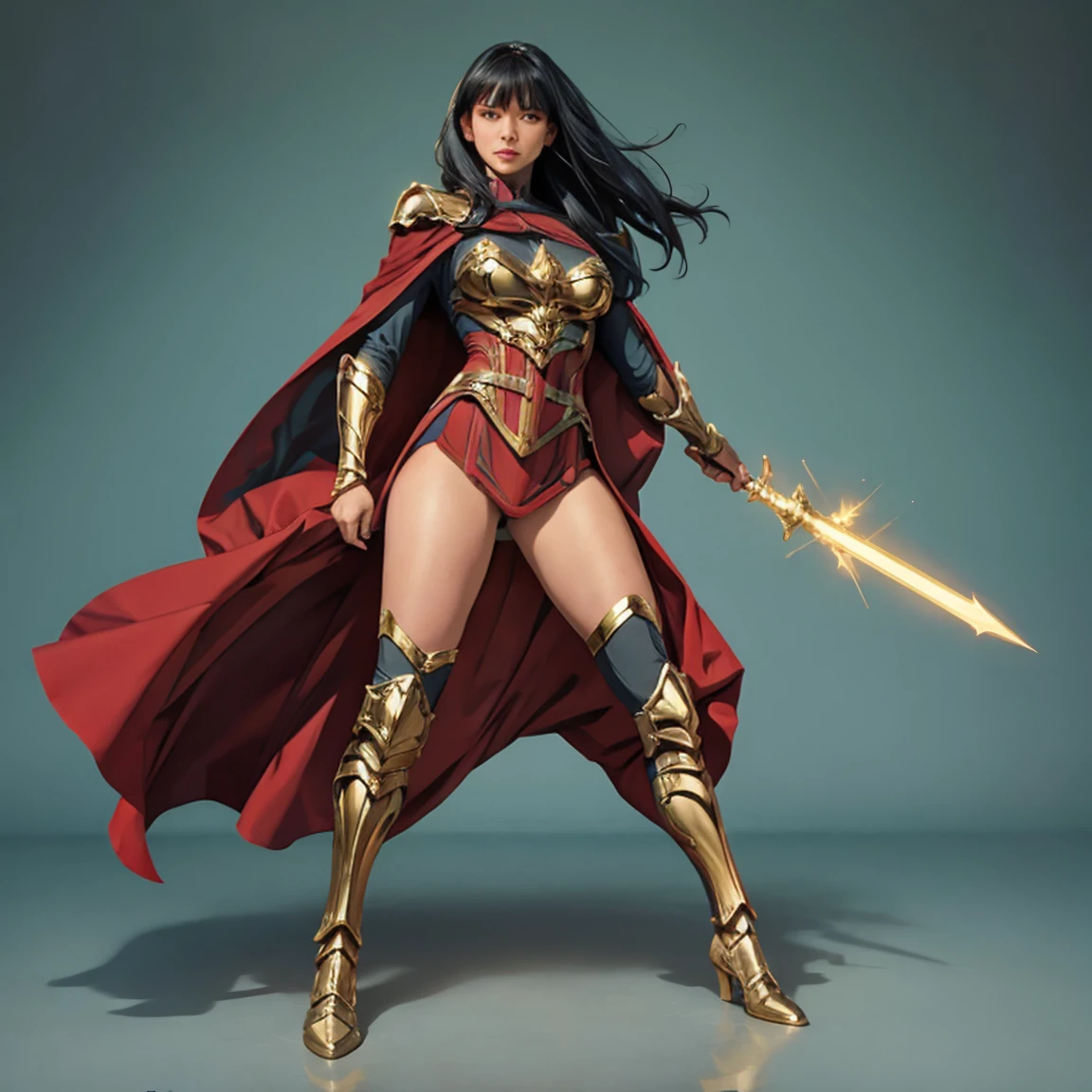 ((Full body photo, standing, feet on the ground)) A warrior, Pose of a warrior ready to attack,a red cape, in his hand the lasso of truth, wide jaw, big lips, black hair with bangs, and yellow eyes wearing black and gold Yara_Flor_DC armor
