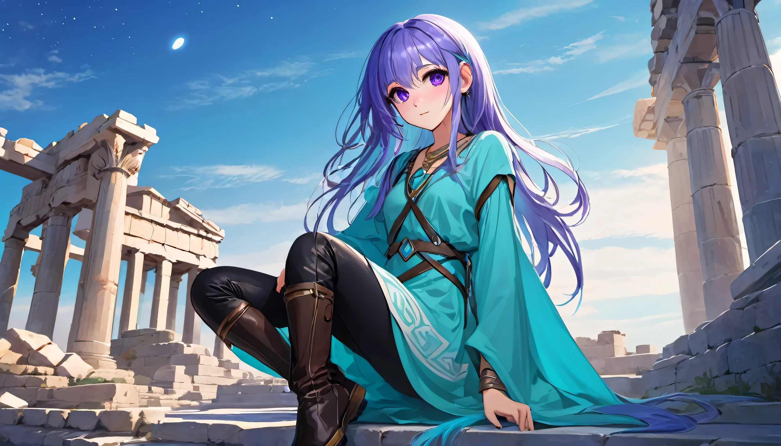 
Masterpiece. High-resolution. 1girl about 20 years old. Pretty beautiful girl. Pretty big purple eyes. Delicate face. (((Long light blue hair))). Straight hair. Messy hair. Hair bangs. Turquoise tunic. Purple tide pants. Leather boots. Greek ruins background with cosmic Sky. 
