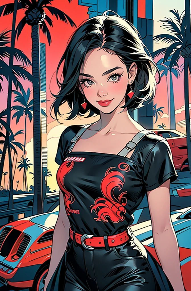 retro girl, smiling, Miami, sunset, Ferrari, palm tree, 90's, (flat colors, flat texture, lineart:1.2), graphical design, (heavy ink, ink blacks),