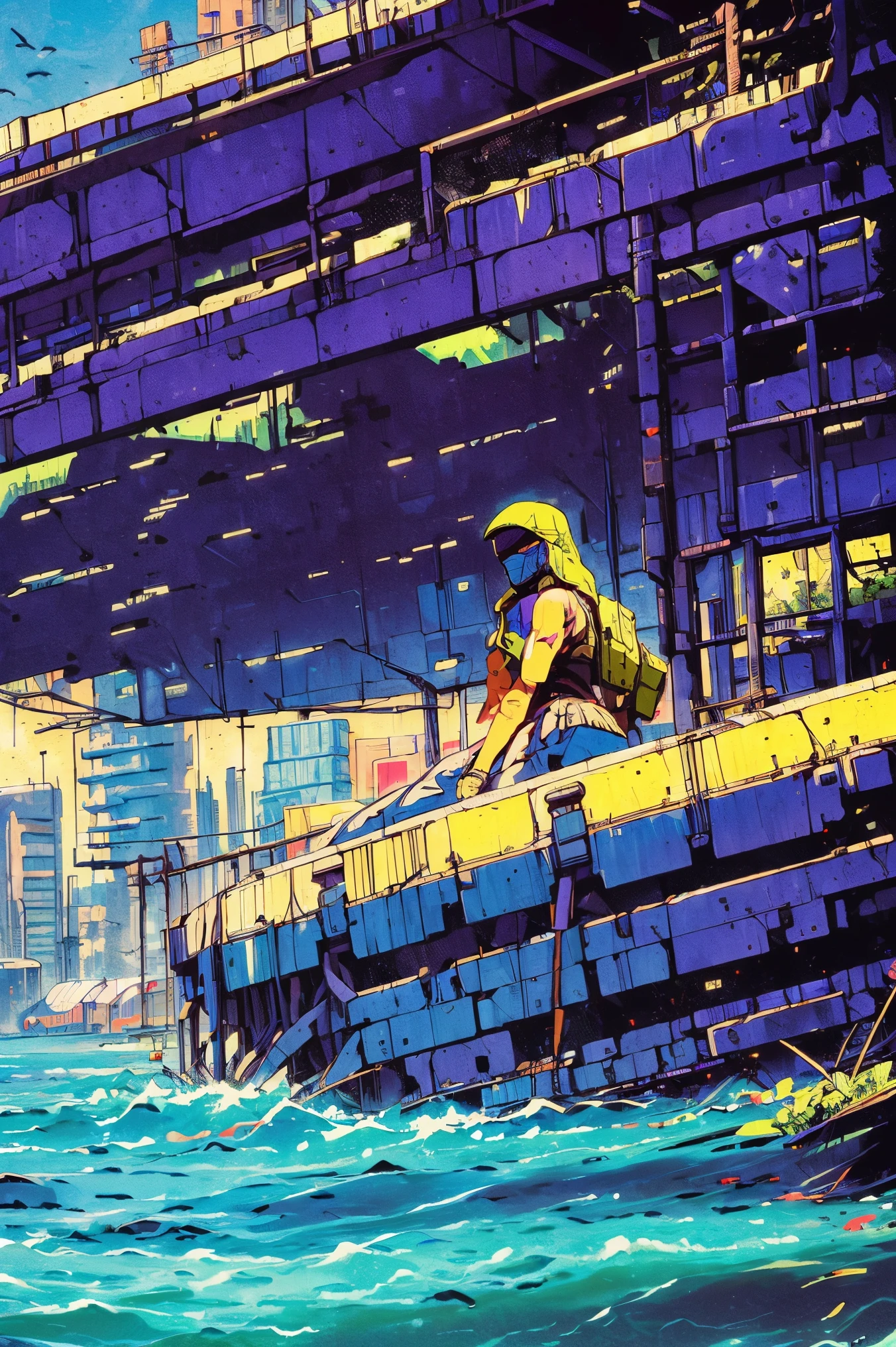 ((futuro ciberpunk)), imagen del centro de una ciudad cyberpunk, surrounded by buildings with a river in the middle, ferry en la ciudad, ferry amarillo, punto de cruce de la ciudad, carteles publicitarios por todas partes, futuro retro