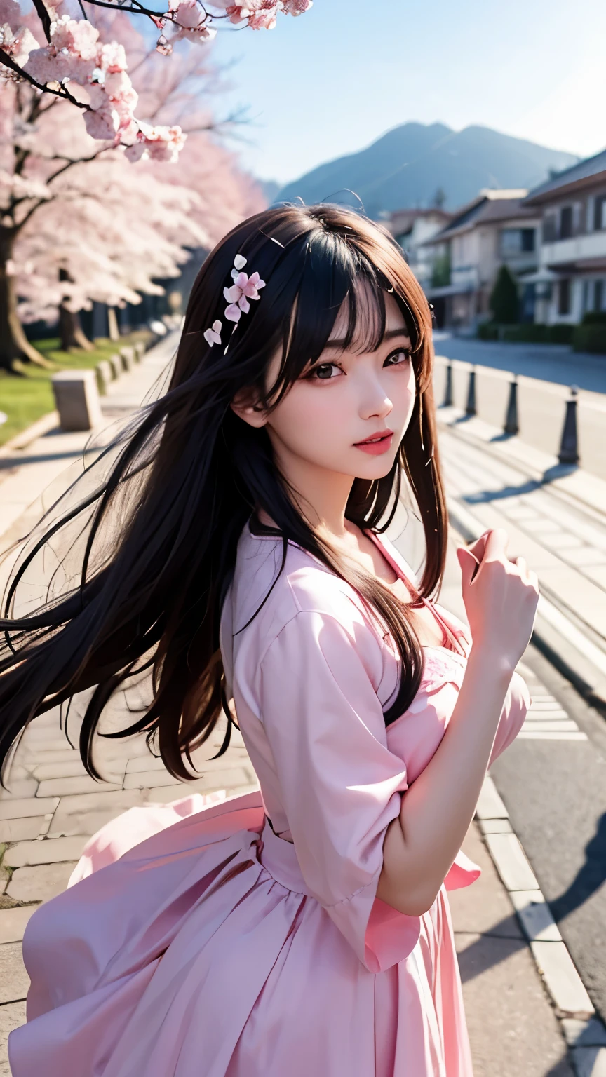 (A logo、masterpiece、8K、masutepiece、Raw photo、Fantastic、Best Quality、Photorealistic and ighly detailed CG integrated 8k wallpaper、hightquality、ighly detailed、epic poem、Particle effect、Dynamic effects、depth of fields、Cinematic Light、Lens Flare、Ray tracing)、Fantasia、 (Beauty 1 person、doress、Dress、Cherry blossom pattern、A dark-haired、Beautiful face、Real Face、beautiful details eyes beautiful skin)、my hair dances in the wind、Hair flutters in the wind、Hair jumps、Pink cherry blossom tree、Petals flutter、Sakura blizzard、Superb view、morning glow、Sun in the background、the wind、