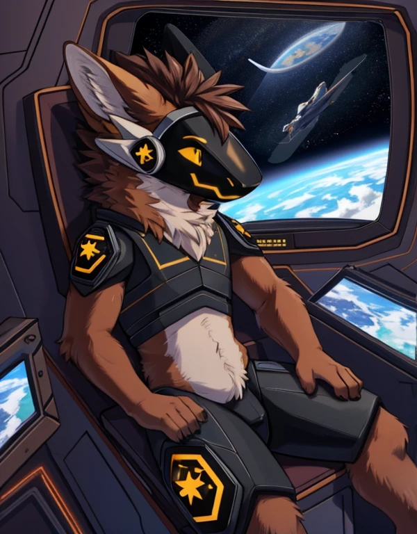 (very detailed illustration: 1.2), best quality, masterpiece, solo, natural lighting, protogen, (protogen face: 1.1), (protogen visor: 1.1), brown tail, torso, yellow eyes, dark brown fur, brown fur all over the body, dark brown hair, brown fur, sitting in a pilot's chair, advanced spacecraft, he is inside the spaceship, in space full of stars, a large planet in the distance, landscape