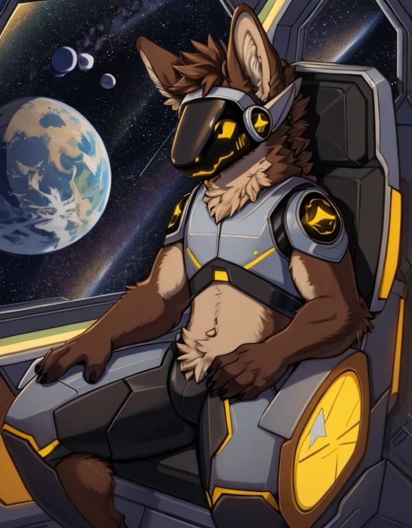 (very detailed illustration: 1.2), best quality, masterpiece, solo, natural lighting, protogen, (protogen face: 1.1), (protogen visor: 1.1), brown tail, torso, yellow eyes, dark brown fur, brown fur all over the body, dark brown hair, brown fur, sitting in a pilot's chair, advanced spacecraft, he is inside the spaceship, in space full of stars, a large planet in the distance, landscape