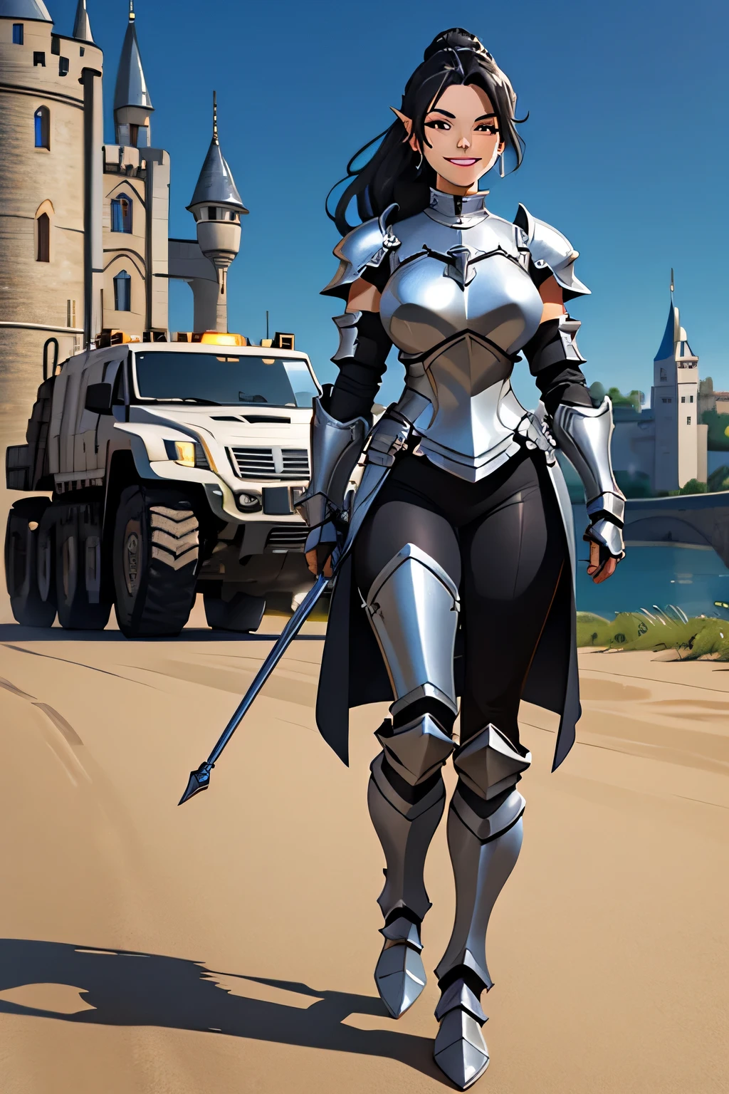 8K、highest quality、female knight、The background is a castle、Luxurious Silver Armor、heavy equipment、black hair、hairstyle shortcut、smile、beautiful teeth、full body photo、ear piercing