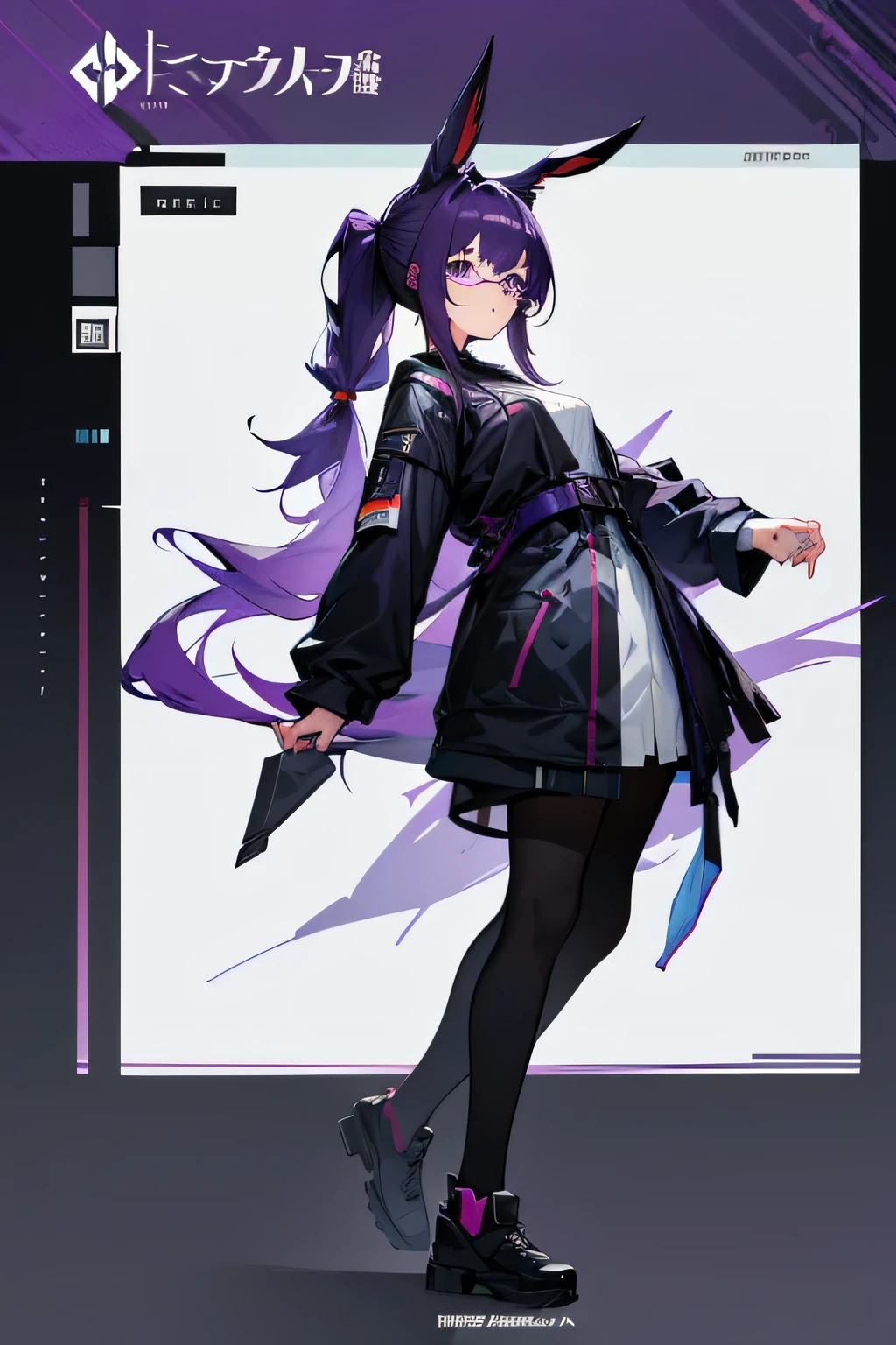 Arknights character , Bunny ear , Dark purple hair , Arknights style  , Anime Full body illustration  , wearing glasse , Growth adult character , Teacher Clothing , pony tail hair