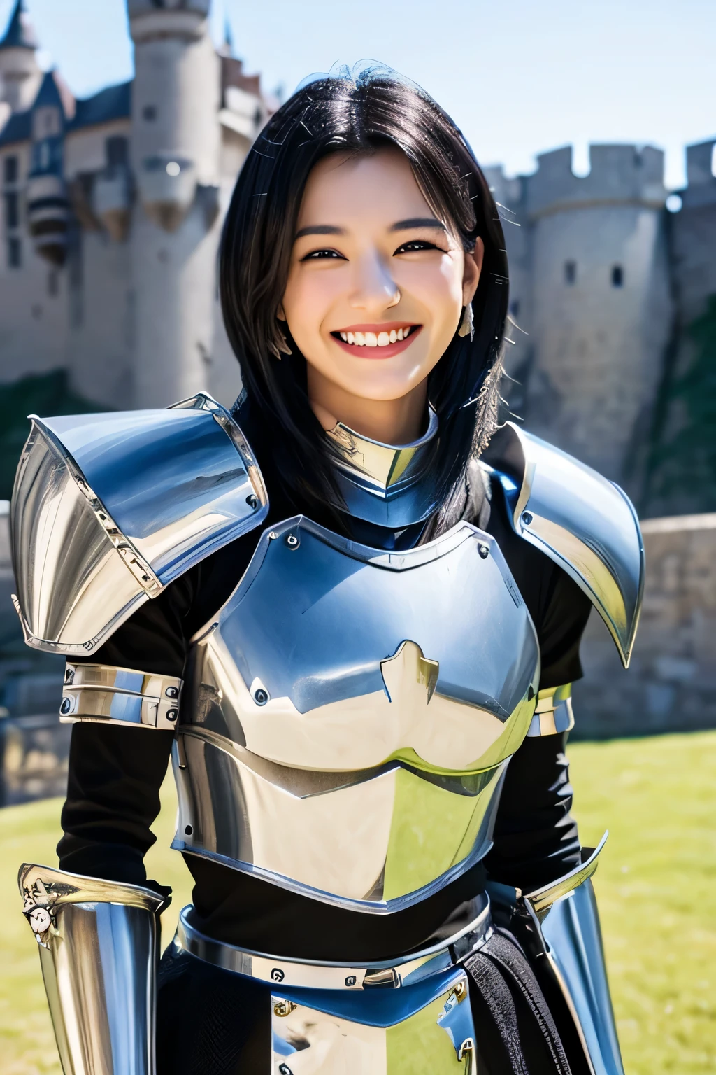 8K、highest quality、female knight、The background is a castle、Luxurious Silver Armor、heavy equipment、black hair、hairstyle shortcut、smile、beautiful teeth、full body photo、ear piercing