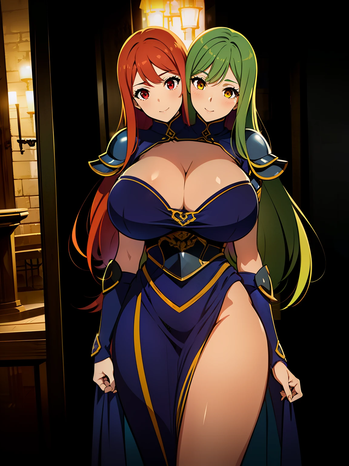 (masterpiece),(ultra-detailed), (high quality), (high resolution), (best quality:1.5, highres, UHD), highres, absurdo, ultra detail, ultra quality, ((2heads:1.5)), 1girl, (long hair), (red hair), yellow hair, cleavage, thighs,, female warrior, insignia,, (medieval outfit), armored chest piece, gorgeous female knight, Guild Clothes with Armor, ((mature woman)), seductive silhouette, smooth and lustrous skin, sexy proportions, slim legs, ((beautifully tall and slim woman)), futuristic city, gentle smile