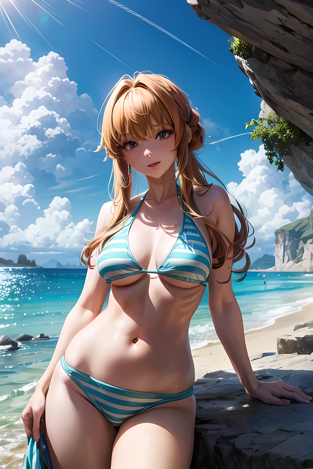 The image is of an animated character with long orange hair and a friendly expression. She is wearing a green and white striped bikini top. In the background, there seems to be a serene outdoor setting with what looks like a rocky landscape and a sky with a few clouds.