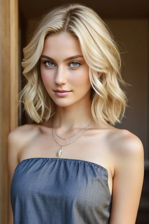 1 fille dans, 19 ans, seulement, cheveux longs, Colossal , regarder le spectateur, cheveux blond, bare shoulders, yeux marrons, bijoux, Tout le corps, un collier, off the shoulders, Chandails, Realistic, Un sexy, facing the camera, dressed, expressive, joie