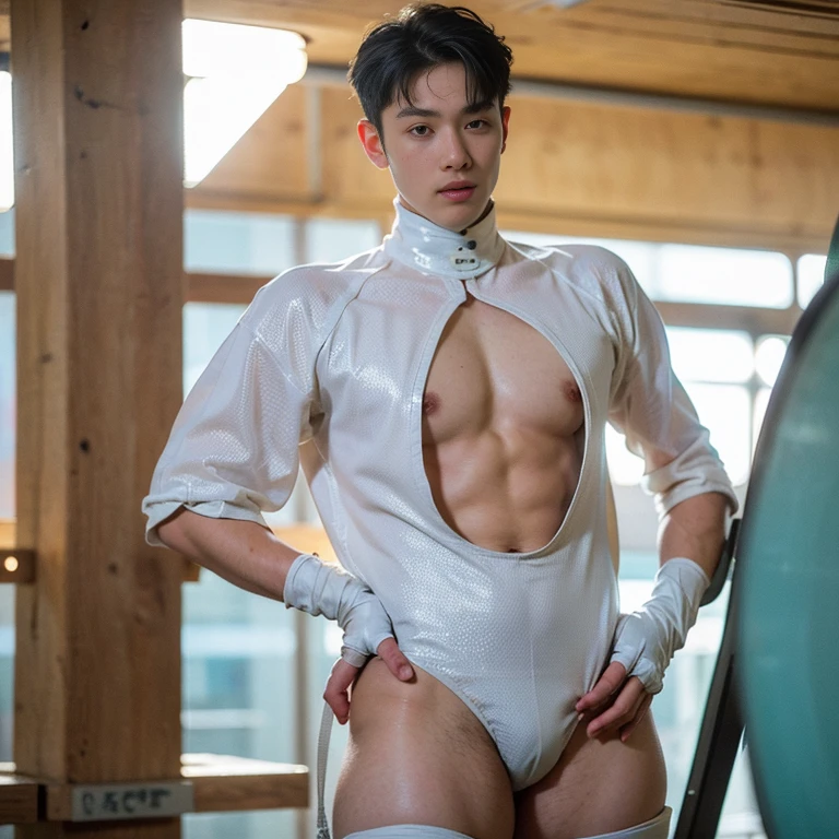 (masutepiece,High resolution,ultra - detailed:1.0),1(Boy,Robot Boy),Perfect male body,Look at the camera,Delicate eyes and delicate face,extremely details CG,Unity 8k wallpaper,intricate-detail,solo person,Detailed face, (Futuristic skin-perfect white bodysuit), Best Quality, hands visible, (White Gloves), Beautiful and delicate blue short hair:1.5 , full length shot(fls) , big thighs , big hips , insane details, hyper details , photorealistic , only male , handsome boy , fat buttock , puffy nipples , 16k resolution , ultra-high clarity , hyperrealism, uhd,. K-pop, whore , slutty whore , swollen nipples , defeat , grins. ,((insane phat ass))