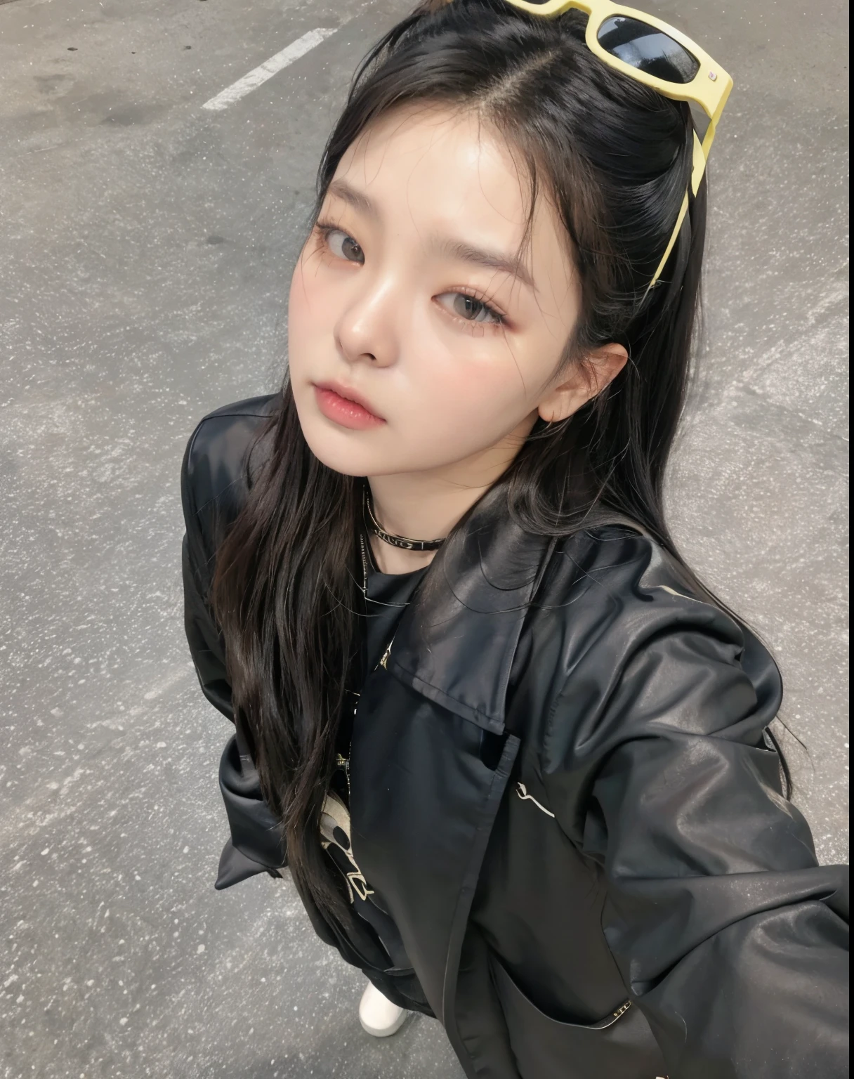 There's a woman in a black jacket and sunglasses taking a selfie, Chiho, jennie blackpink, Jinyoung Shin, gongbi, Heonhwa Choe, 🚿🗝📝, Xision Wu, Ulzzang, cruel korean goth girl, Jisoo do Blackpink, 🤤 retrato de , sui ishida com cabelo preto, Jisoo do Blackpink