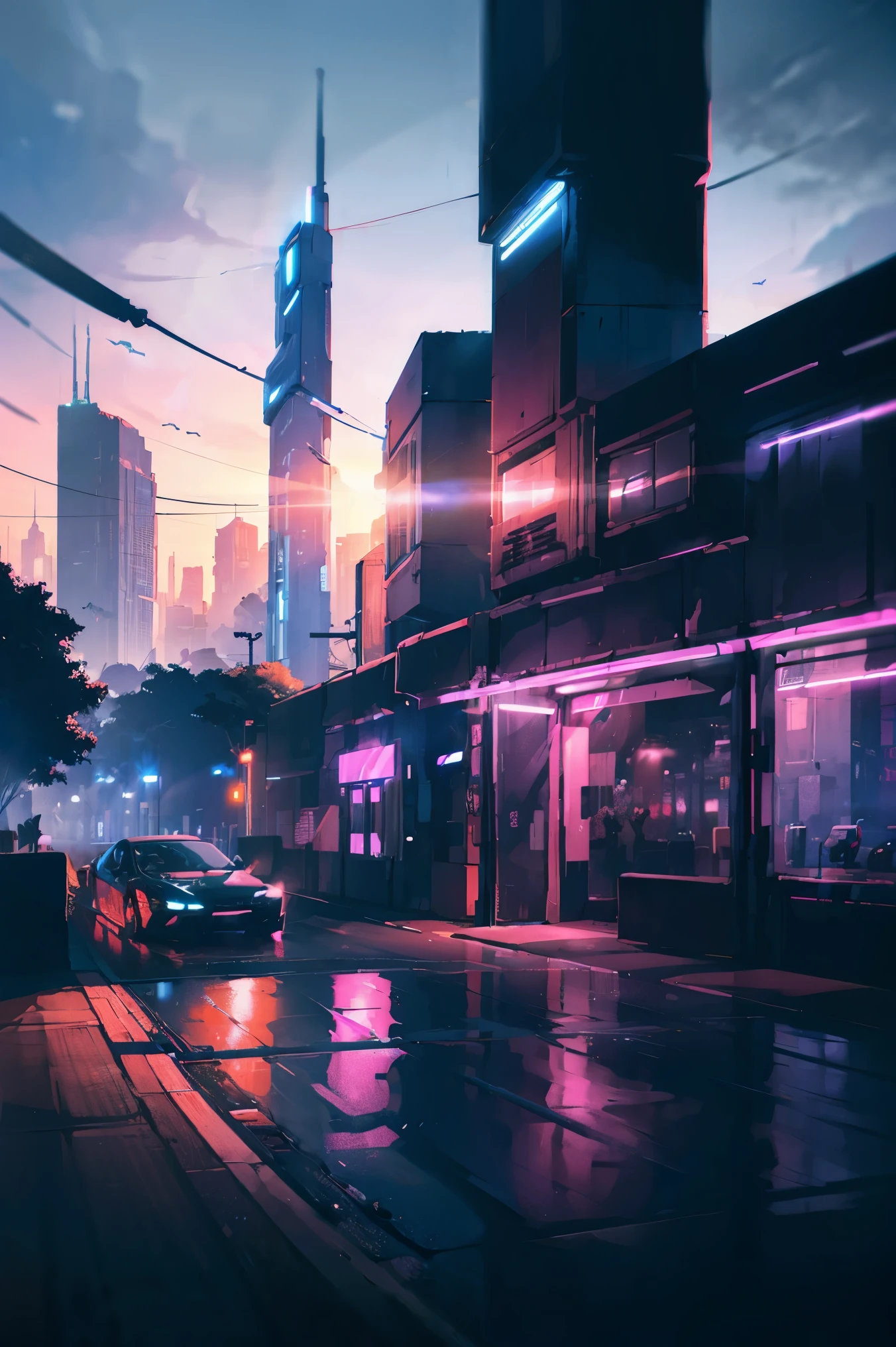 (best quality, highres, ultra-detailed, realistic:1.37), vibrant neon lights, bustling streets, holographic billboards, towering futuristic buildings, advanced technology, flying vehicles, bustling crowds, gritty atmosphere, rainy weather, reflections on wet pavement, sleek architecture, towering skyscrapers, glimmering cityscape, dense urban environment, glowing cyberpunk aesthetics, urban decay, dark alleyways, surveillance cameras, cybernetic implants, augmented reality, futuristic fashion, mysterious shadows, ominous atmosphere, chaotic energy, dystopian society, dark neon color palette, dense smog, secret underground societies, digital billboards, glowing signs, futuristic modes of transportation, contrasting architecture styles, polluted sky, futuristic city skyline, flickering lights, sprawling metropolis, cutting-edge technology, high-tech gadgets, futuristic holograms, vibrant street markets, pulsating energy, technologically advanced society