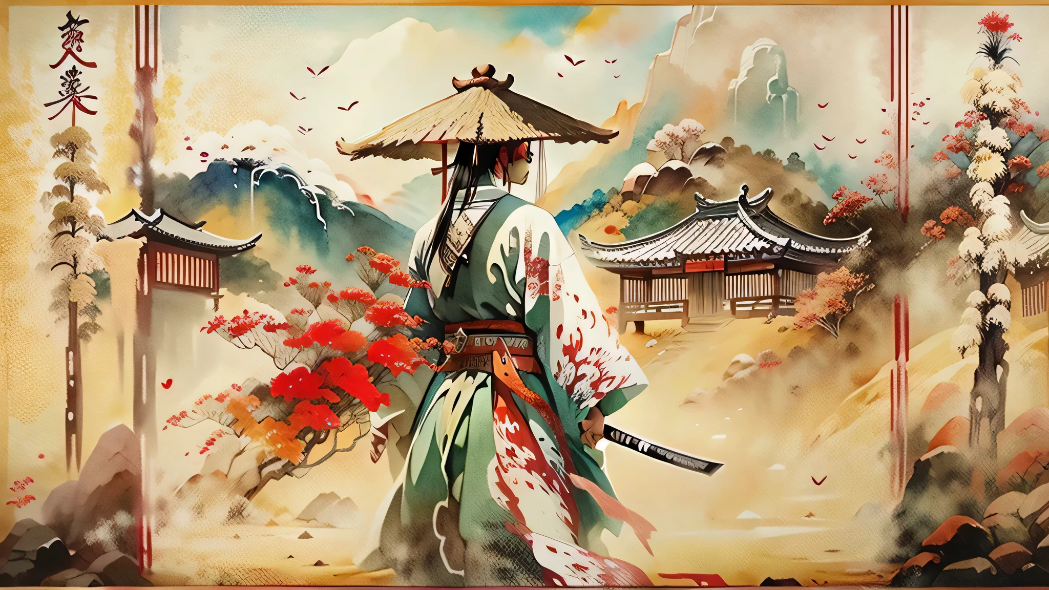 create for me panoramic ,wide angle and watercolour picture, acrylic effects, the picture called The way of Samurai, Samurai walking , wiev from the side, majestic walk, wearing samurai kimono and straw hat, there is a dragon on the right side of the painting, samurai walking from the left, there is a red and blac acrylic paint smugded on the painting, state of art, uhd quality hdr, masterpiece ,