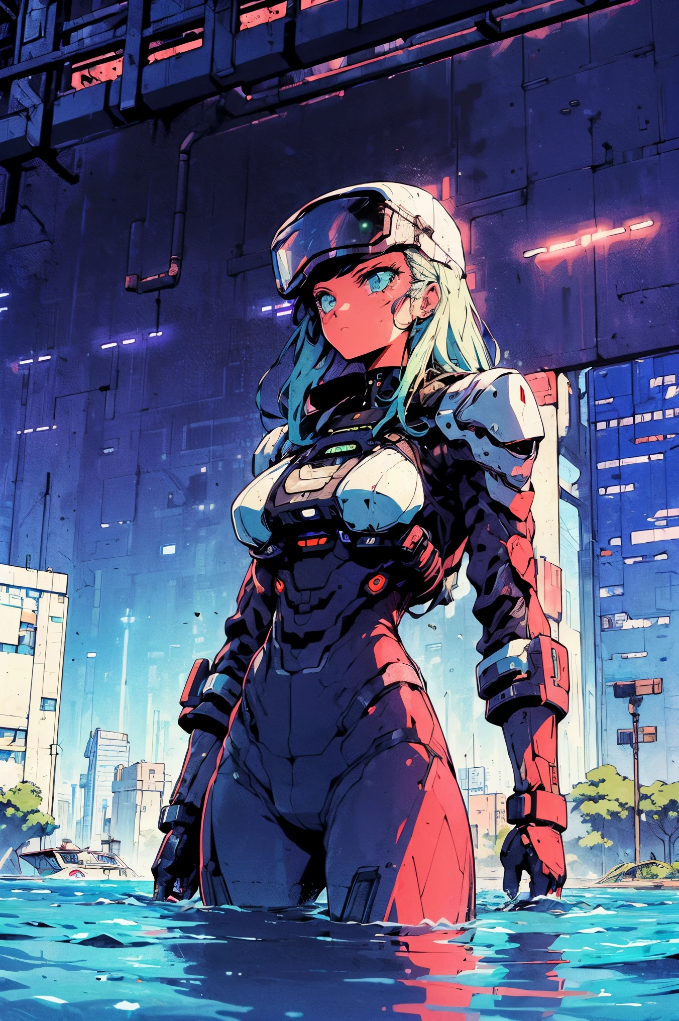 ((futuro ciberpunk)), imagen del centro de una ciudad cyberpunk, surrounded by buildings with a river in the middle, ferry en la ciudad, ferry amarillo, punto de cruce de la ciudad, carteles publicitarios por todas partes, futuro retro