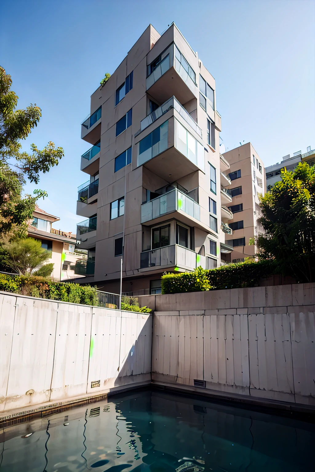 facade of a modern residential building with slats and water mirror on the corner. Tonalidades marrons e claras. Building with plenty of landscaping, with ten floors and top floor with rooftop and landscaping