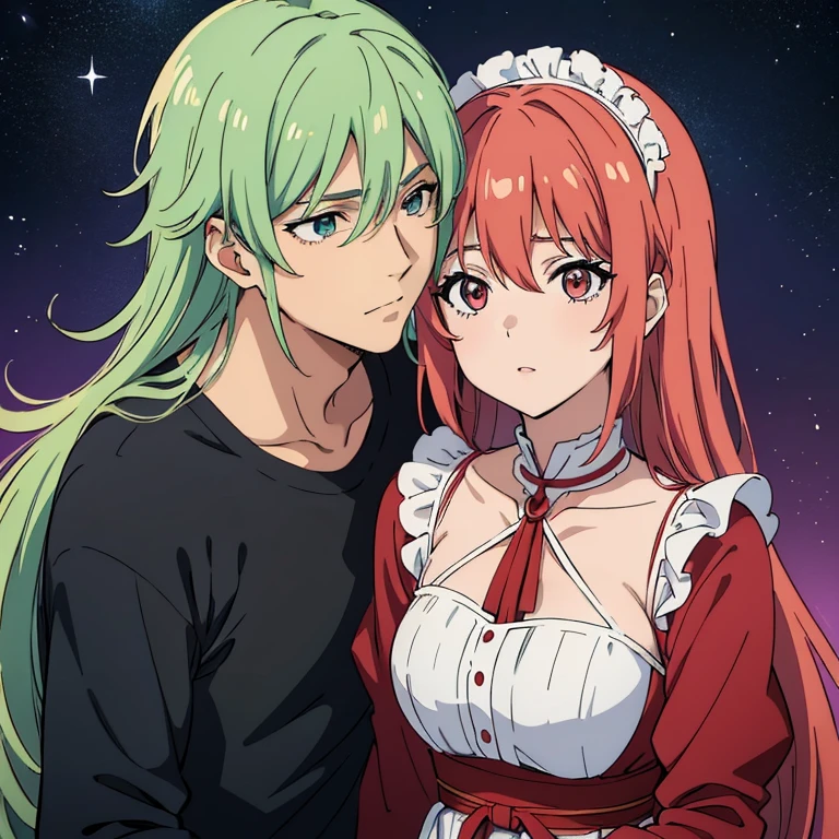 (((obra maestra del anime))), (((anime bien realizado))), romantic couple master man and maid, mujer foxy adulta con el pelo largo gris y ojos rojos brillantes, piel palida, sonriente, hombre adulto, pelo corto negro rojizo, ojos radiantes de color verde saturado, piel palida, avergonzado 😳, muy cerca entre el y ella,