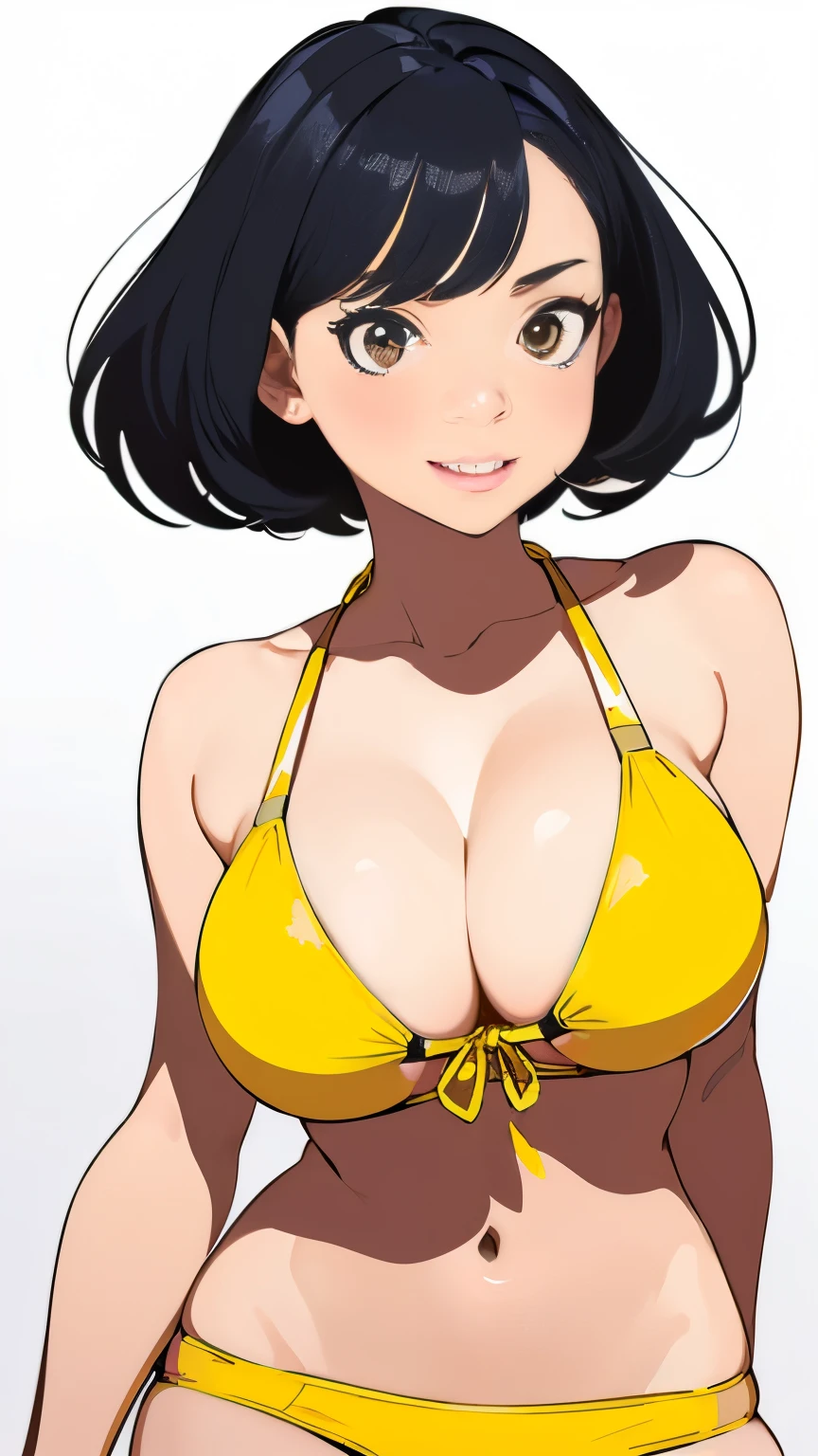 (Vector Art:1.5), (Beautiful girl gravure idol with big breasts wearing light yellow bikini swimsuit with black hair color:1.3), (short hairstyle:1.3), (constricted waist:1.3), (full bodyesbian:1.3)