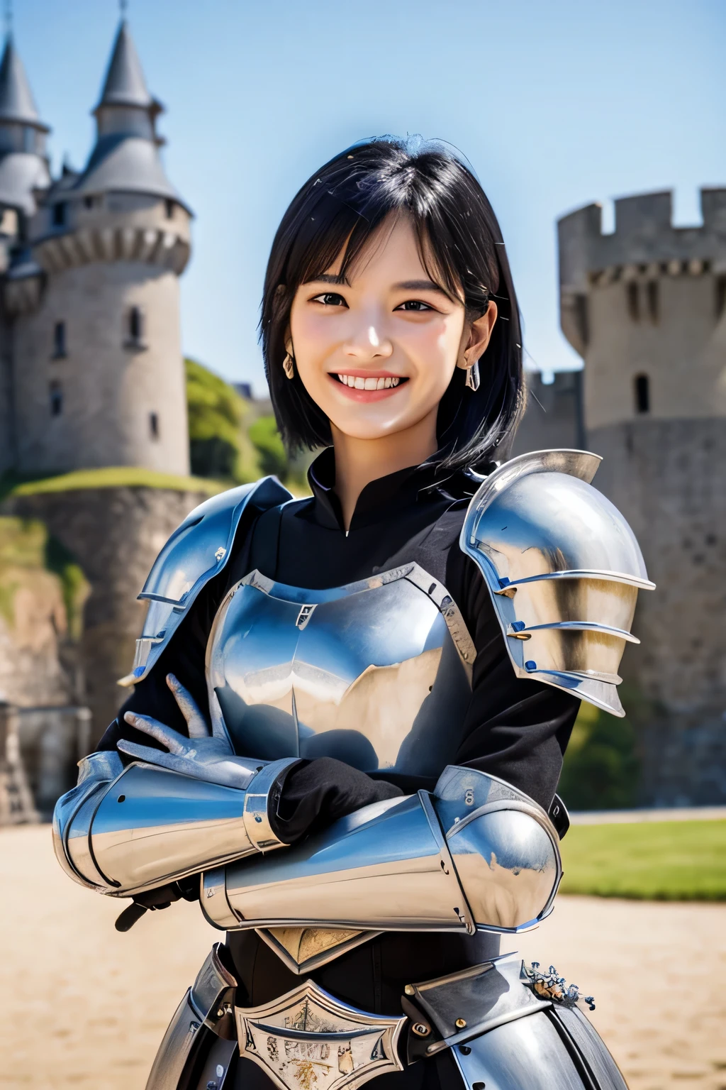 8K、highest quality、female knight、The background is a castle、Luxurious Silver Armor、heavy equipment、black hair、hairstyle shortcut、smile、beautiful teeth、full body photo、ear piercing