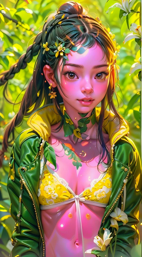 (((Create one girl 16+ years old.), (realistic), (close-up), (stands all tall), (mysterious))_((Girl), (green:1.5, orange:1.1, white:1.3, yellow:1.3))_((very sexy girl with dreadlocks), (tattoos), (naked parts of the body), (down jacket: 1.2),(jacket on the naked body, T-shirt, thong))__))_((Beautiful figure, half-turn16+ years),(realistic)),((small peach breasts, graceful figure, narrow waist, smooth hips)),((long double braids),(tight braids), (braided hair),(dark hair) ),((red lips)), ((smile)))_ ((((Shiny skin:1.5, white skin, light skin: 1.5)),((sexy), (cute))_((fractals, Flowers, leaves, fog, lilies, circles background))_((Chiaroscuro, contrast, warm - cold), (atmospheric visualization), (best quality), (Virtual realism))_)))_(((Digital painting, style anime, cyberpunk), (best quality, 4k, high resolution, masterpiece: 1.2)),((ultra detail)),((realistic, photorealistic, photorealistic: 1.37)))_(((Soft clear shapes, wide strokes, attention to detail)))_(((High quality, 16K | Ultra HD | Full HD))).