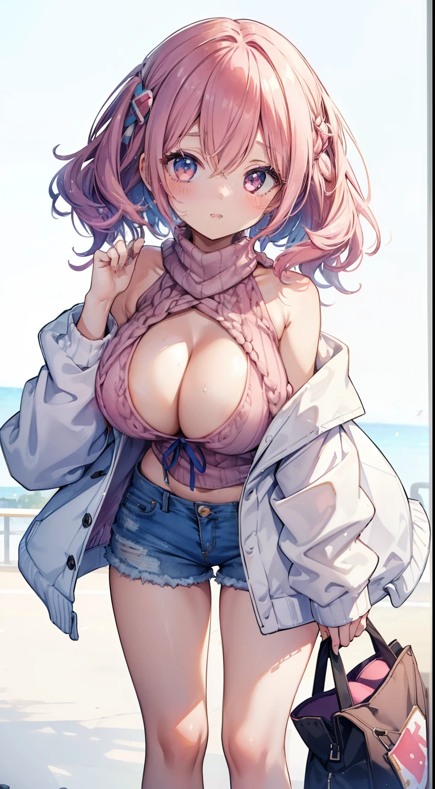 1 girl,(, short stature),animesque、Young and cute idol face、(Lorioppai)(Clothed big breasts ,  breasts,Mi Hot Pants）Double piece with hands raised (WatercolorPrivate Services, Shoulder Knitwear,Shoulders exposed、Back exposure） Huge breasts,