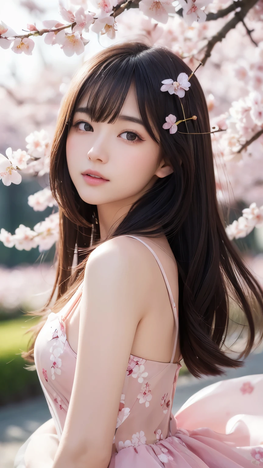 (A logo、masterpiece、8K、masutepiece、Raw photo、Fantastic、Best Quality、Photorealistic and ighly detailed CG integrated 8k wallpaper、hightquality、ighly detailed、epic poem、Particle effect、Dynamic effects、depth of fields、Cinematic Light、Lens Flare、Ray tracing)、Fantasia、 (Beauty 1 person、doress、Dress、Cherry blossom pattern、A dark-haired、Beautiful face、Real Face、beautiful details eyes beautiful skin)、my hair dances in the wind、Hair flutters in the wind、Hair jumps、Pink cherry blossom tree、Petals flutter、Sakura blizzard、Superb view、morning glow、Sun in the background、the wind、